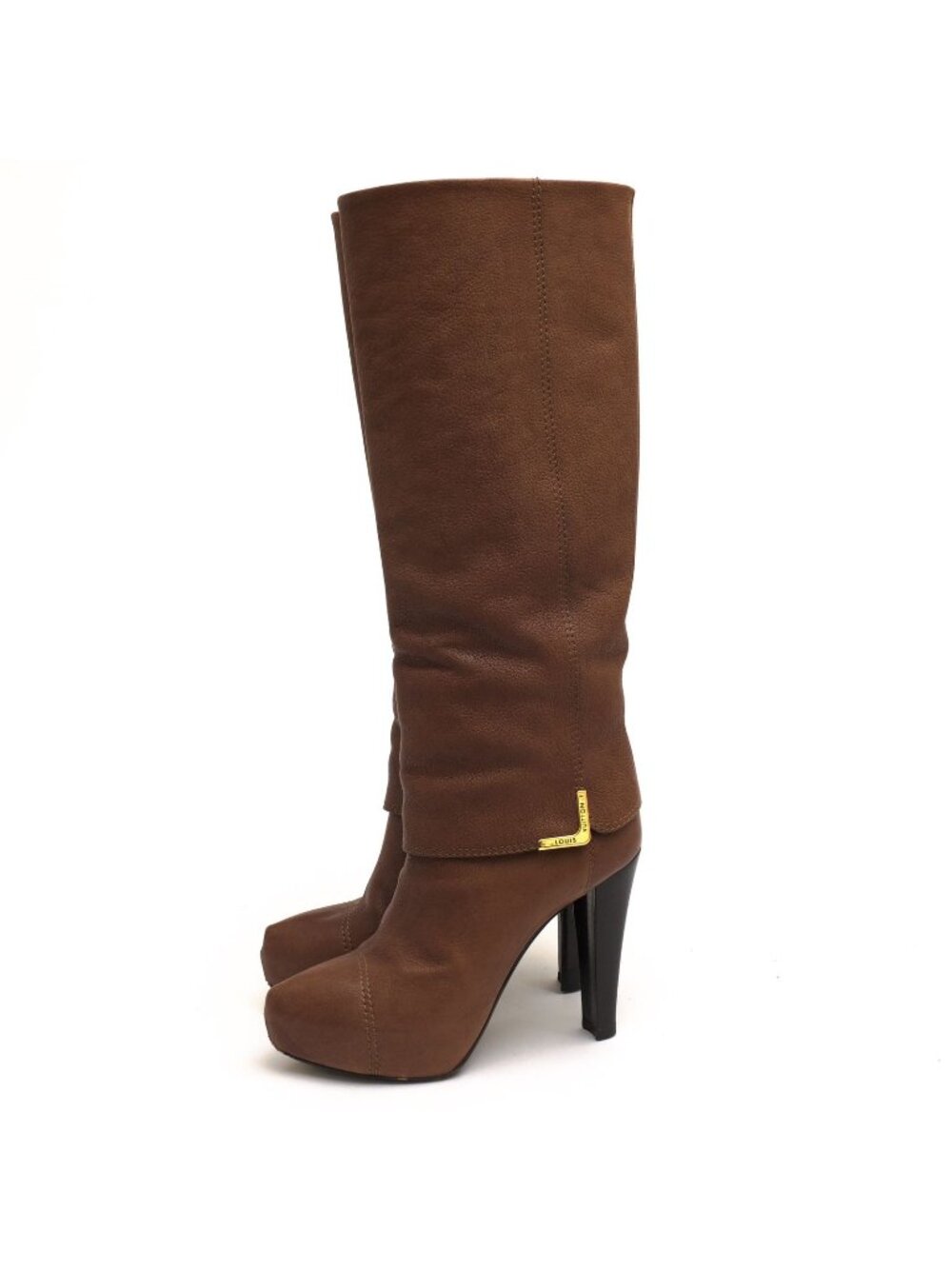 Louis Vuitton Long Boots Shoes Leather Brown Logo Plate High Heels
